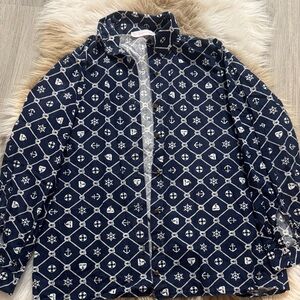 Nautical Print button up top Navy Blue